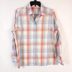 Foxcroft Wrinkle Free Plaid Button Front Shirt Women 16P Long Sleeve